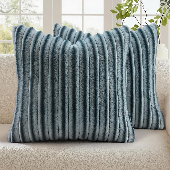 decorUhome Fall Faux Fur Throw Pillow Covers 24x24 Set of 2 Blue Grey | by decorUhome