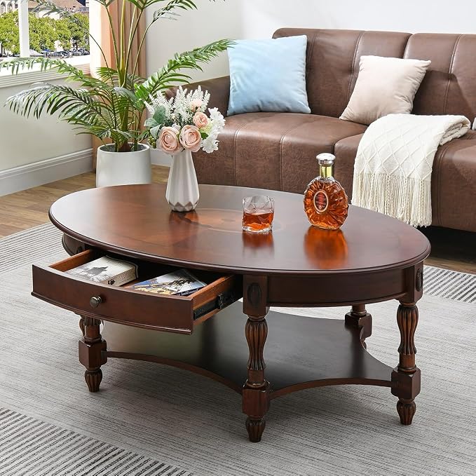 Traditional Solid Wood Oval Coffee Table, Elegant Center Table - Image 2