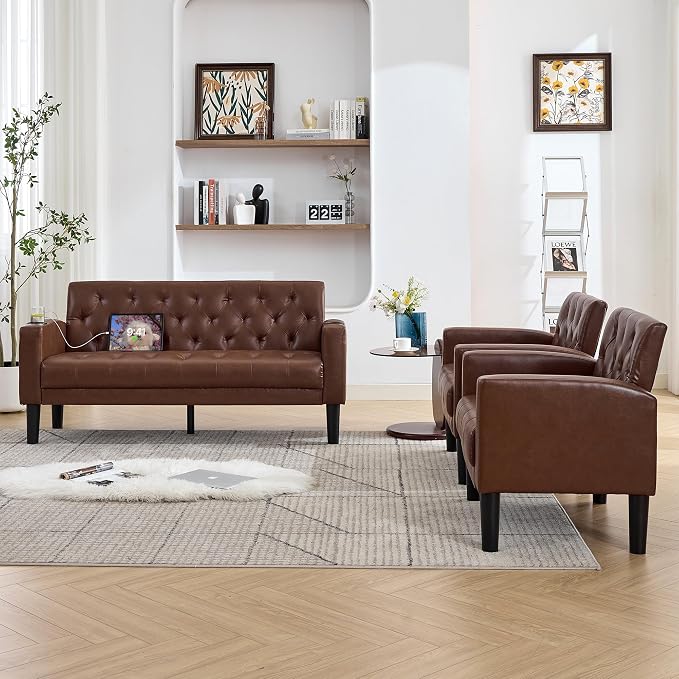 TYBOATLE 62" W Leather Loveseat w/Chairs, 3 Piece Sofa Sets - Image 4