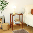 2-Tier Bamboo Side Table, Modern Glasstop Rattan Side Table, Mid Century Wood - Image 7