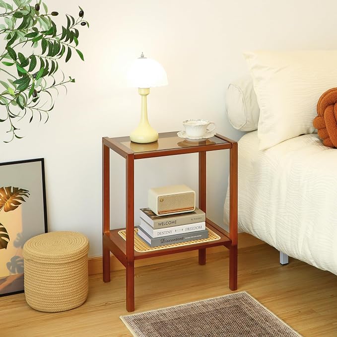 2-Tier Bamboo Side Table, Modern Glasstop Rattan Side Table, Mid Century Wood - Image 7