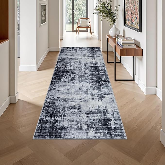 3x8 Washable Runner Rug：Modern Abstract Soft Carpet Dark Black | - Image 4