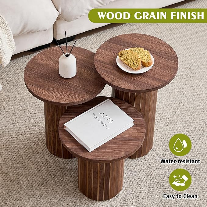 Round Side Tables Set of 3, Circle Modern Fluted Nesting Coffee Table, Accent - Image 3