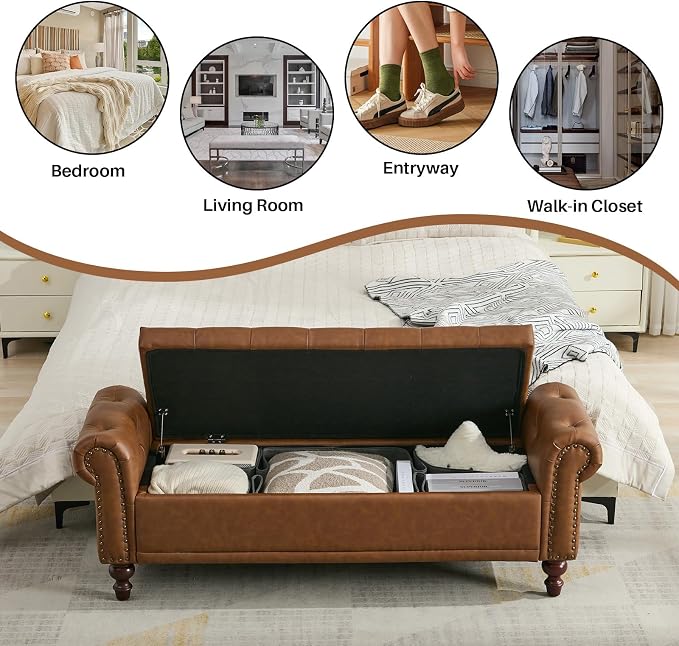 SOFTHION 58.1" Storage Bench Upholstered PU Leather End of Bedroom Bed Bench - Image 5