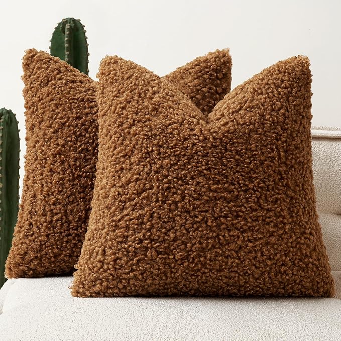 Faux Fur Throw Pillow Covers 20x20 Inch Set of 2 Boucle Neutral Decorative by Woaboy