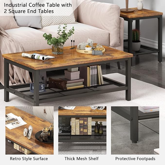 furlinkhm Coffee Table Set of 3, Industrial Coffee Table - Image 7