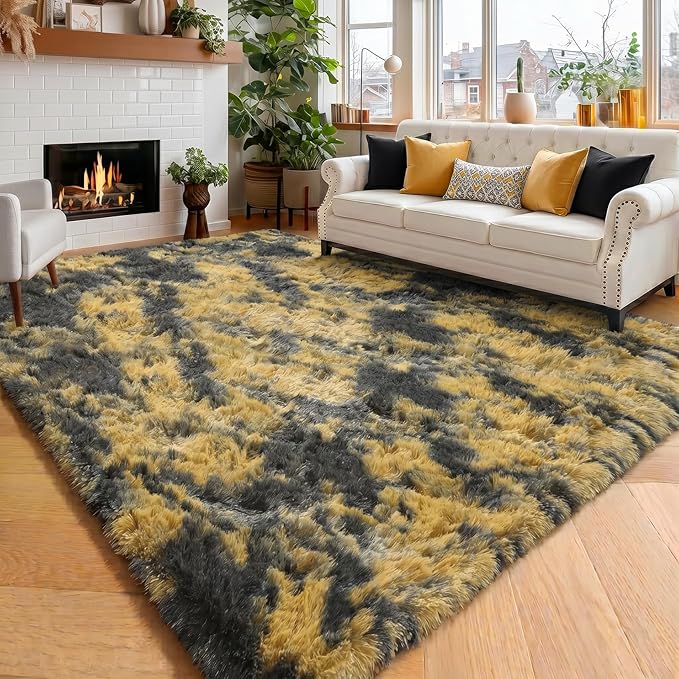Amdrebio Black Gold Grey Fluffy Area Rug 5x7 by Amdrebio