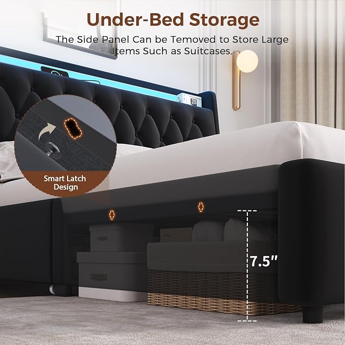 Full LED Velvet Bed Frame with 2 Storage Drawers&Hidden Headboard, Upholstered - Image 5