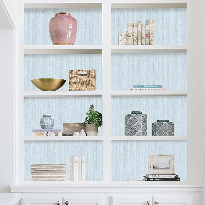 Light Blue Textured Grasscloth Peel and Stick Wallpaper, Waterproof Removable - Image 9