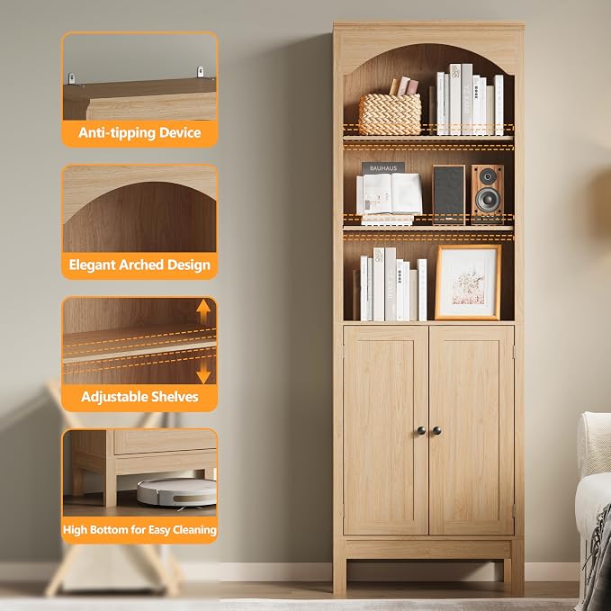 Bookshelf with Doors, Floor Standing Display Storage Cabinet - Image 5
