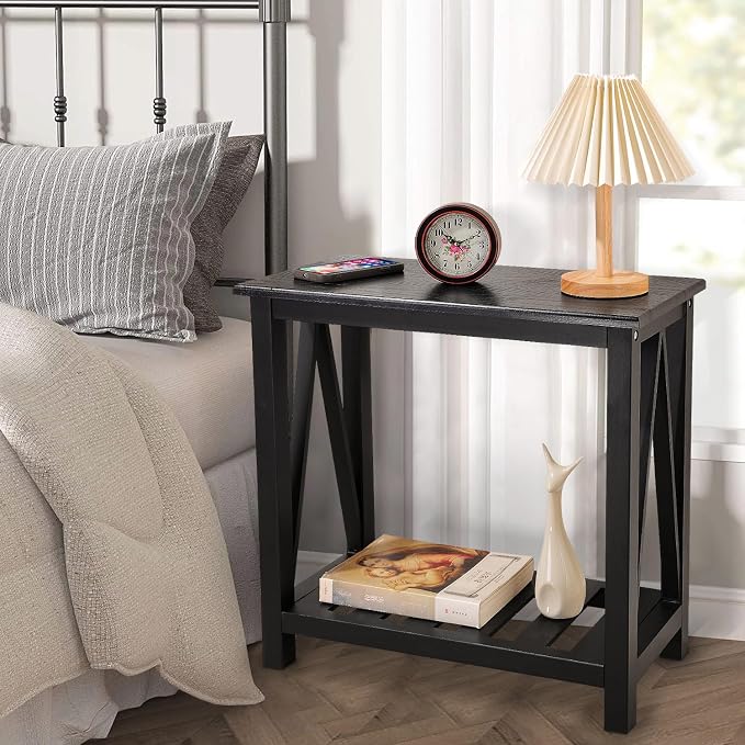 Narrow Side Table with Storage Shelf 2 Tier Wooden Nightstand Bedside Tables - Image 5