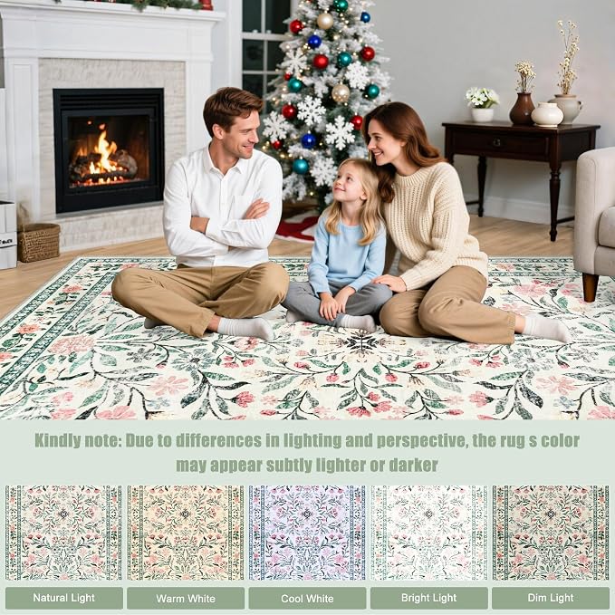 PLHXFR Round Area Rug Living Room: 6 ft Floral Washable Carpet Green Beige | - Image 9