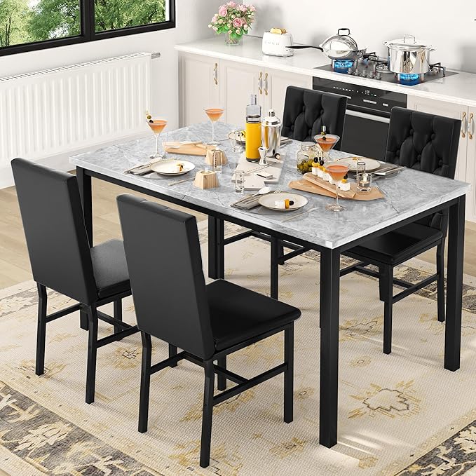 Hooseng Dining Table Set for 4, Faux Marble Small Kitchen Table Chairs Set of 4 - Image 2