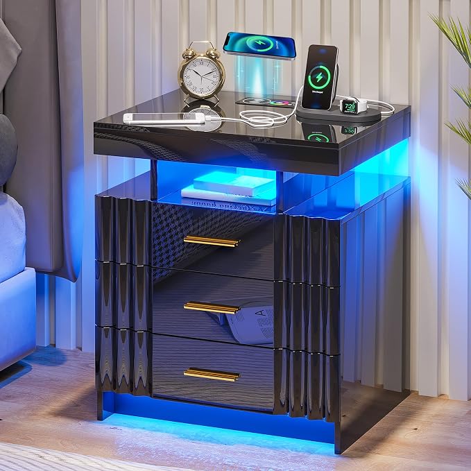 HNEBC LED Nightstand, Smart Bedside Table has Auto Sensor, High Gloss Night by HNEBC