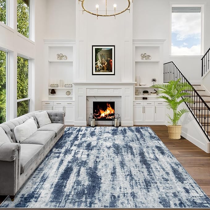 5x7 Area Rugs for Living Room: Washable Abstract Blue Grey Badroom Carpet | by GENTDRIZZ