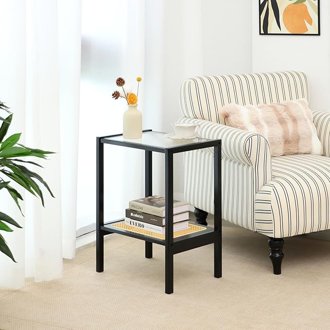 2-Tier Bamboo Side Table, Modern Glasstop Rattan Side Table, Mid Century Wood - Image 5