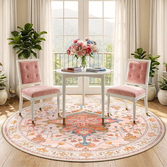 RELEANY Washable Area Rug, Round 5ft, Water Repellent, Pet Friendly, Vintage - Image 3