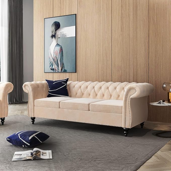 Chesterfield 3 Seater Sofa, Modern Velvet Tufted Couch 3 Seater - Image 5