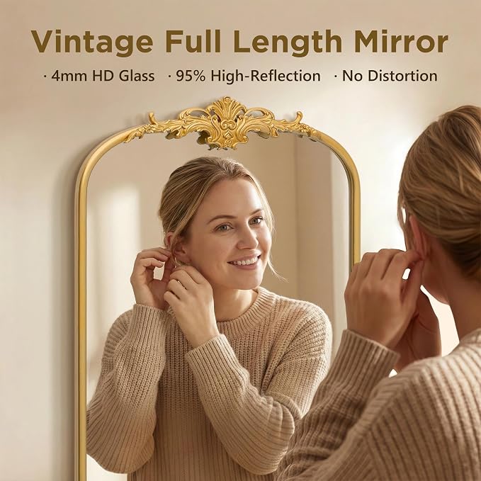 Besdomus Antique Full Length Mirror: 21"x56" French Gleaming Gold Arched Full - Image 4