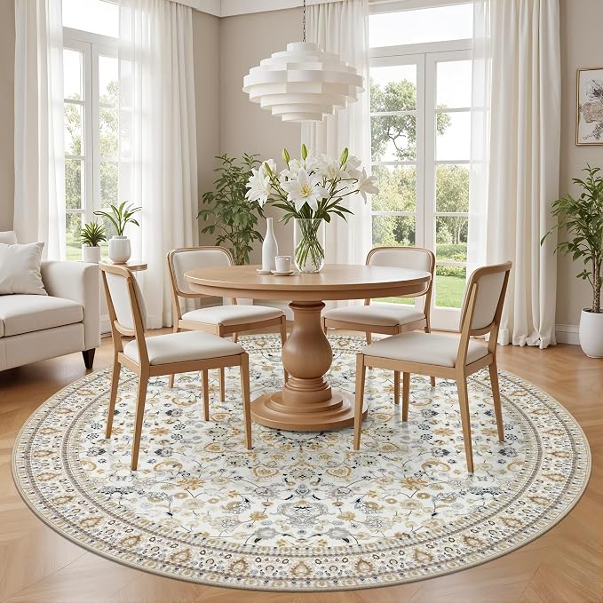 Round Area Rug for Living Room: 6ft Washable Rug for Bedroom Beige | Vintage - Image 3