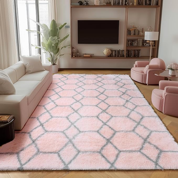 Area Rugs for Living Room, 5x8 Fluffy Pink and Grey Bedroom Geometric Rug | by ONASAR