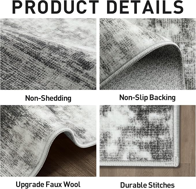 5x7 Area Rugs for Living Room: Washable Abstract Black Grey Badroom Carpet | - Image 5