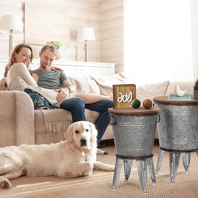 RUSTOWN Farmhouse Side Tables Set of 2, Galvanized Metal Bucket End Table - Image 2