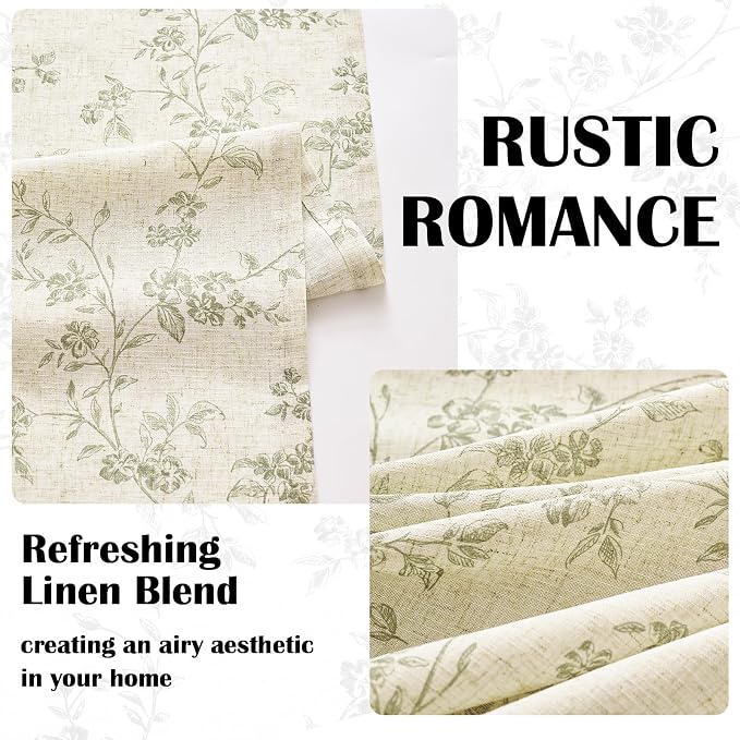 Green Vintage Floral Linen Curtains Farmhouse 38W X 90L 2 Panels | Elisa Series - Image 5