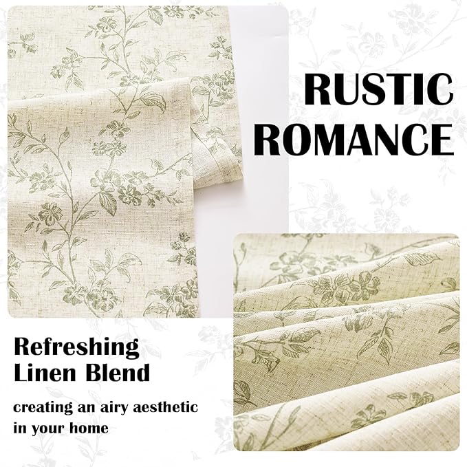 Extra Long Green Vintage Floral Linen Curtains Farmhouse 2 Panels | Elisa - Image 4