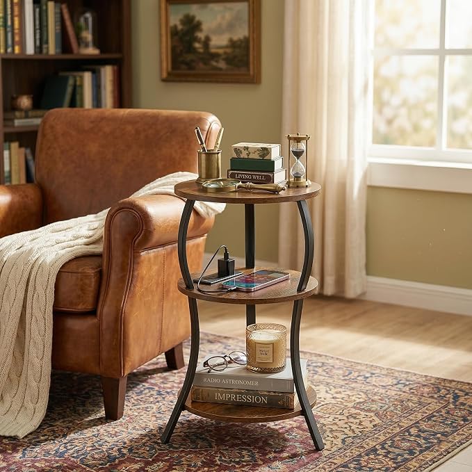 Small Round Side Table with Charging Station, 3-Tier Waist Circular End Table - Image 4