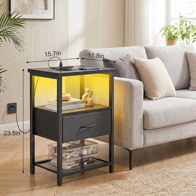 Fixwal Night Stand with Charging Station, LED Nightstand Side Table with Fabric - Image 3