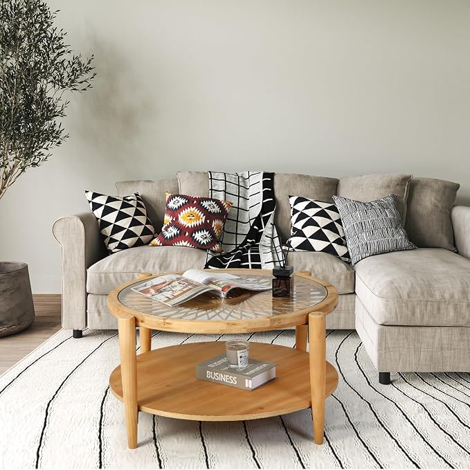 RUSTOWN Rattan Coffee Tables, 2-Tier Round Boho Cocktail Tables, Mid Century - Image 9