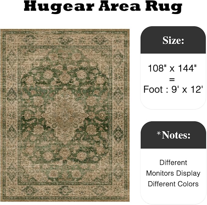 9x12 Green Retro Floral Washable Area Rug - Image 2
