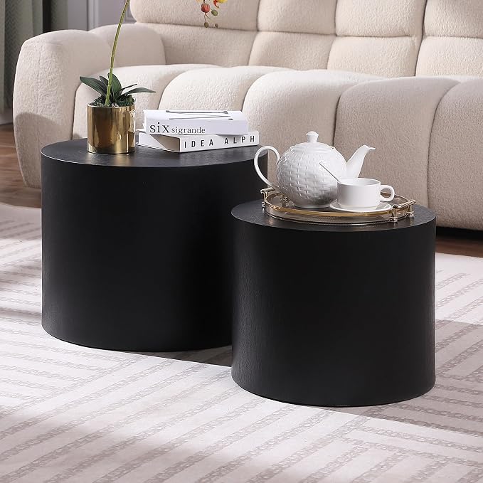 Small Coffee Table Nesting End Table Set of 2, Round Coffee Table Wood Side by HanStrong