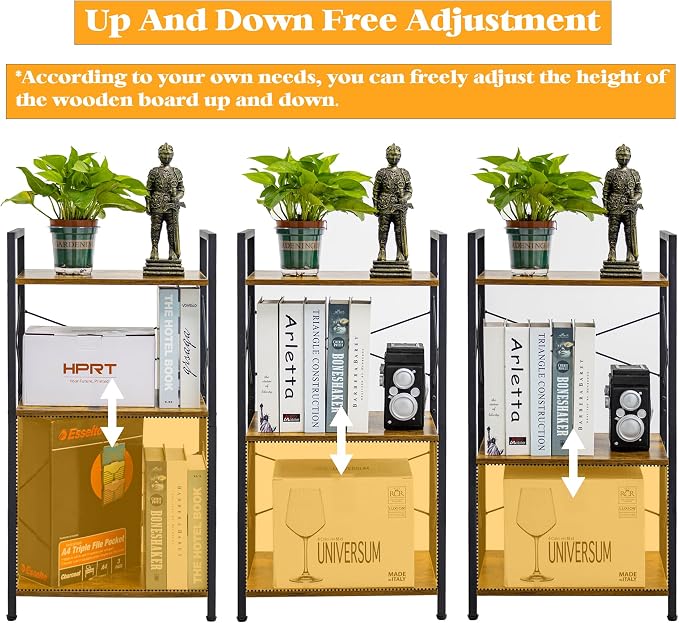 HCHQHS Small Bookshelf, Adjustable 3-Tier Industrial Bookcase, Rustic Open Book - Image 4