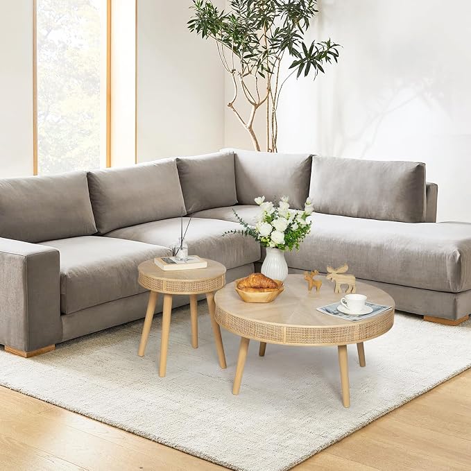 Wnutrees Farmhouse Round Coffee Table, Rustic Sofa Side Tea Tables Nesting - Image 4