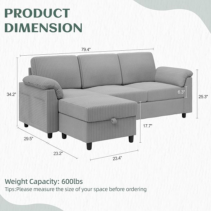 Vongrasig Convertible Sectional Couches Sofa, 3 Seat L Shaped Sofa - Image 2