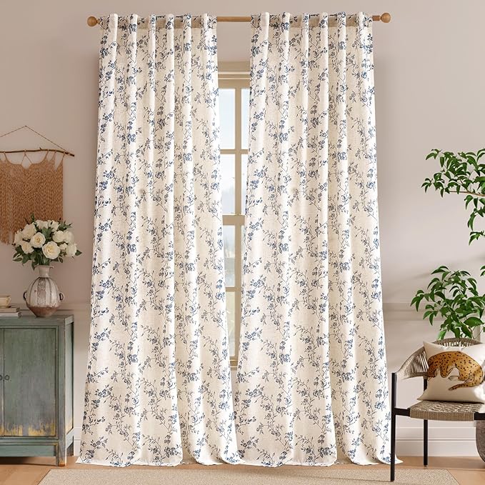 Blue Vintage Floral Linen Curtains Farmhouse 50W X 90L 2 Panels | Elisa Series - Image 2