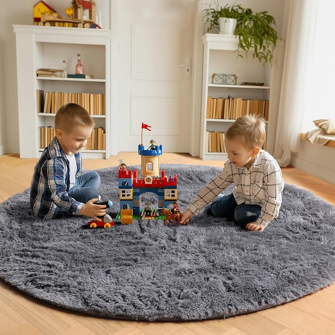 Grey Round Rugs 7ft for Living Room, Fluffy Bedroom Circle Area Rug, Soft Plush - Image 4