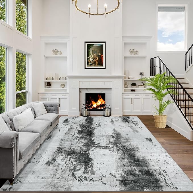 6x9 Area Rugs for Living Room: Washable Abstract Black White Grey Carpet | by GENTDRIZZ