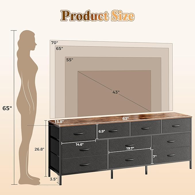 Huuger 63 Inch Dresser for Bedroom, Long Dresser - Image 3