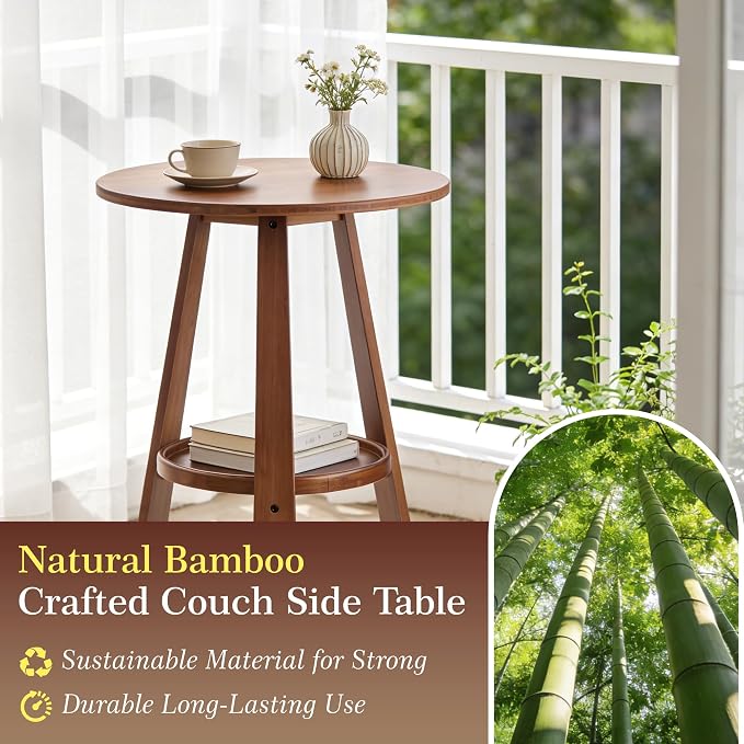 Bamboo Round End Table with Storage Shelf, 2-Tier Mid-Century Modern Accent - Image 3
