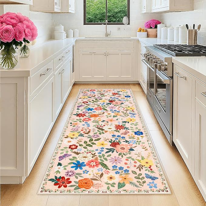 PLHXFR 2.6x8 Washable Runner Rug：Floral Indoor Kitchen Soft Carpet Beige | by PLHXFRSoftAreaRugs