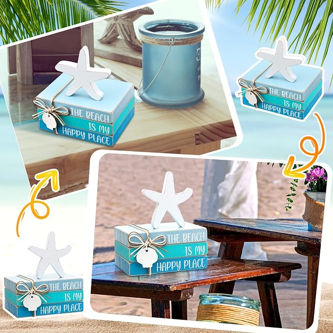 Pinkunn 4 Pcs Summer Table Coastal Theme Decorations Wooden Beach Starfish - Image 7