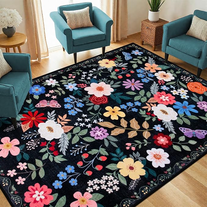 PLHXFR Area Rug Living Room: 5x7 Floral Washable Boho Soft Carpet Black | - Image 2