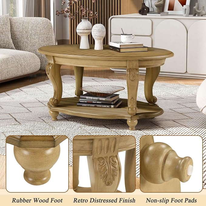 Oval Wood Coffee Table for Living Room, 2-Tier Solid Wood Coffee Table - Image 5