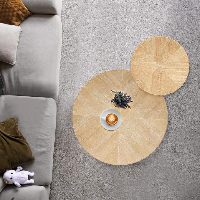 Wnutrees Farmhouse Round Coffee Table, Rustic Sofa Side Tea Tables Nesting - Image 6