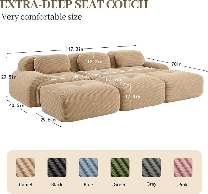 Boneless Sectional Couch, No Assembly Required, 117.3” Modular Cloud Sofa - Image 3