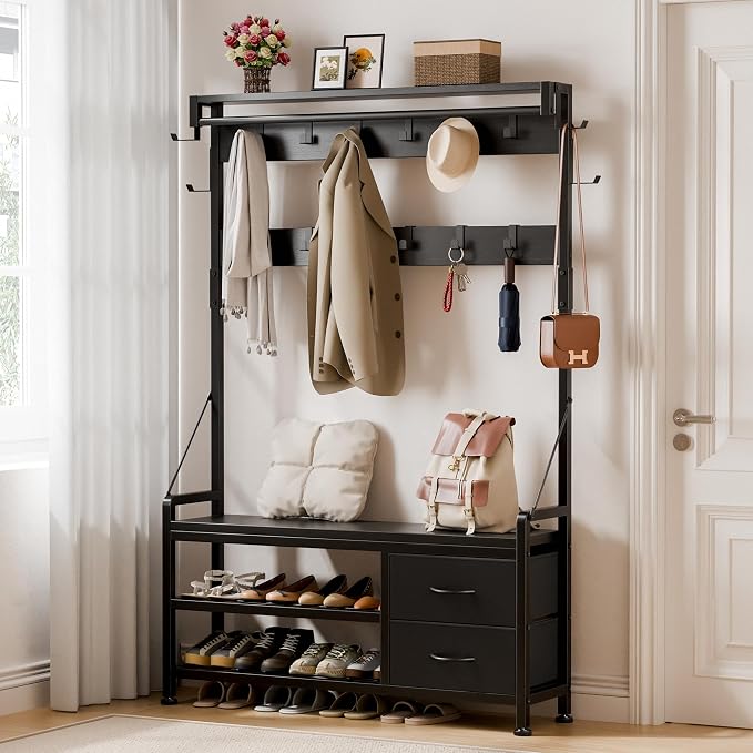 Lulive Hall Tree with Bench and Shoe Storage, 39.4” Entryway Bench with Coat - Image 2