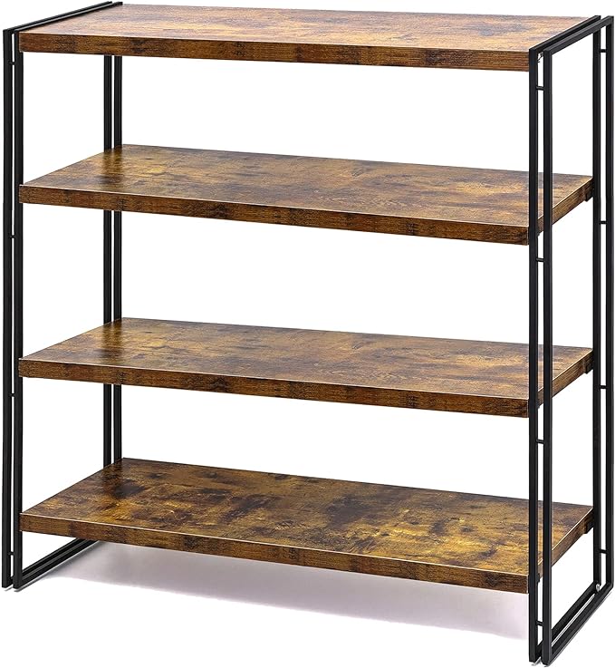 HCHQHS Bookshelf, 4-Tier Industrial Bookcase, Rustic Wood and Metal Open by HCHQHS